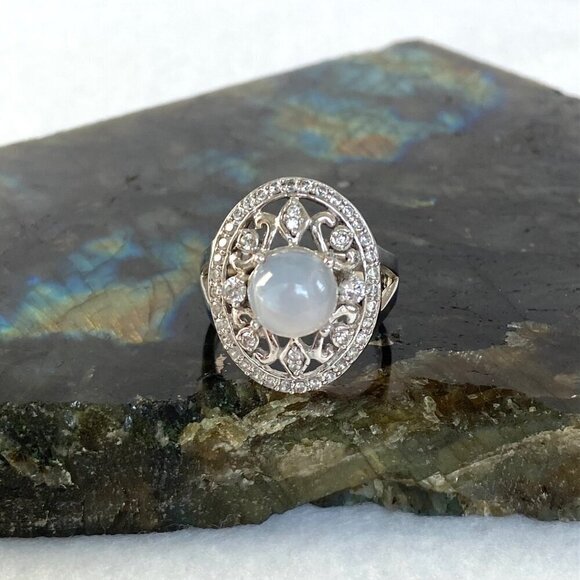 Sterling Silver 925 CFJ Round Moonstone Cabochon Oval Scrollwork Ring Sz 7.75 - Picture 2 of 16